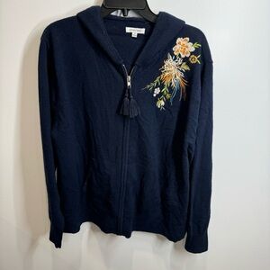 Johnny Was Navy Zip-Up Hooded Cashmere Cardigan with Floral Embroidery